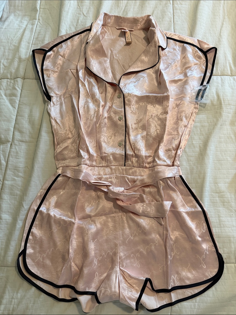 Victoria's Secret Pink Satin Short Pajama Romper with Black Trim